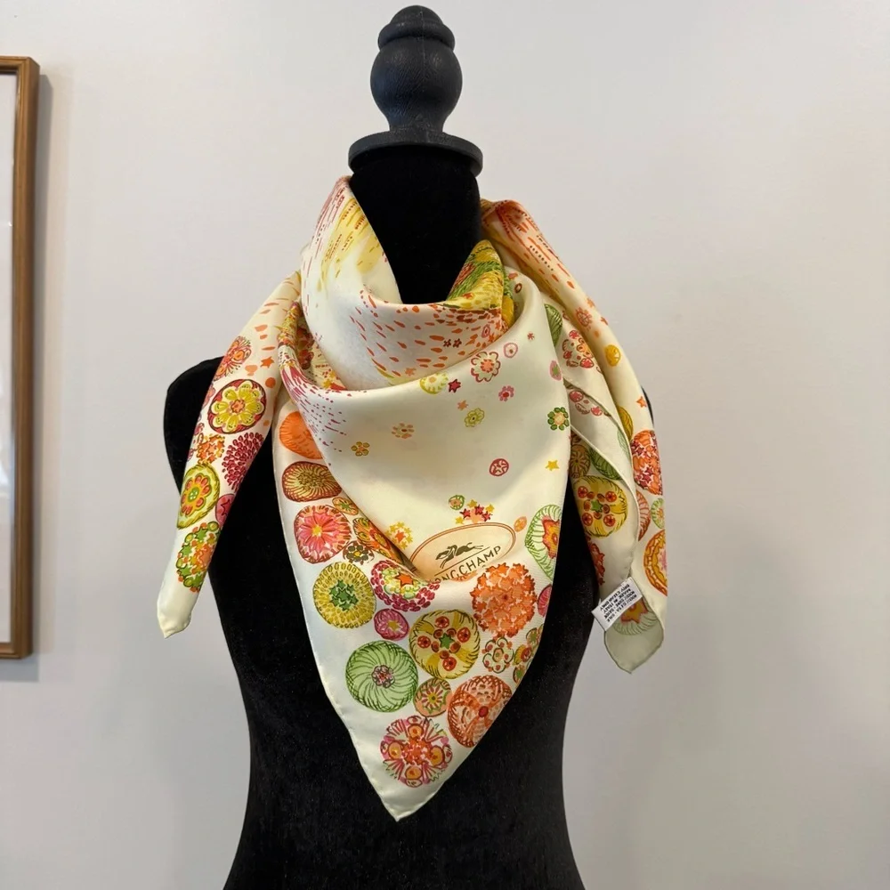 Authentic Longchamp Colorful Floral Silk Scarf